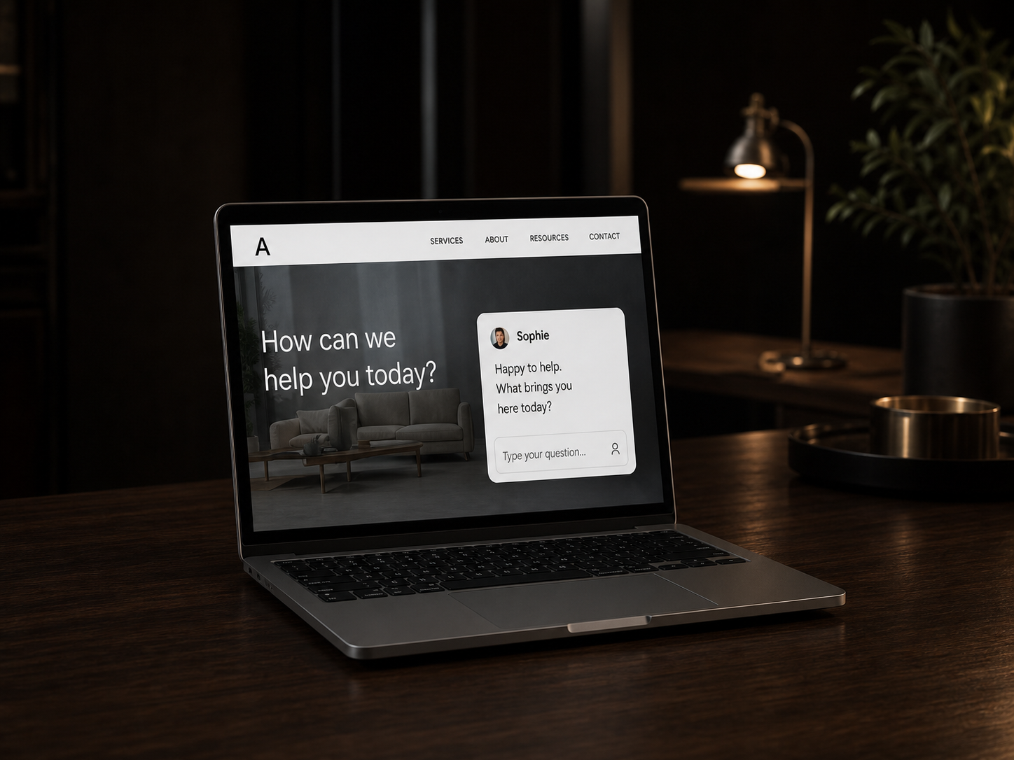 Axiom Site answering a visitor question on a laptop