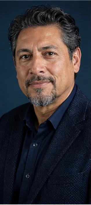 Headshot style sample with a dark blue background