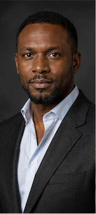 Headshot style sample with a dark studio background
