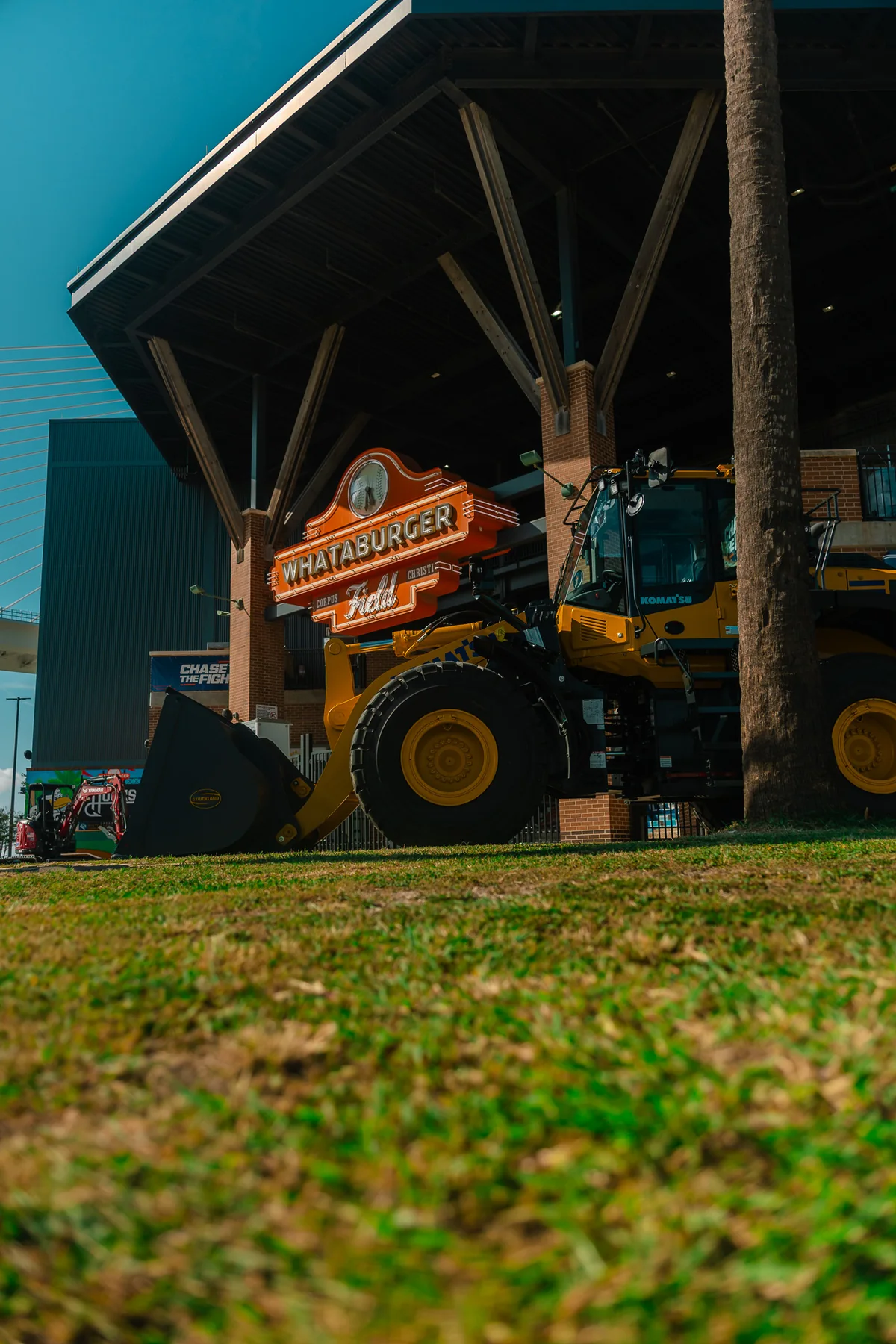 Low-angle view of construction equipment outside Whataburger
